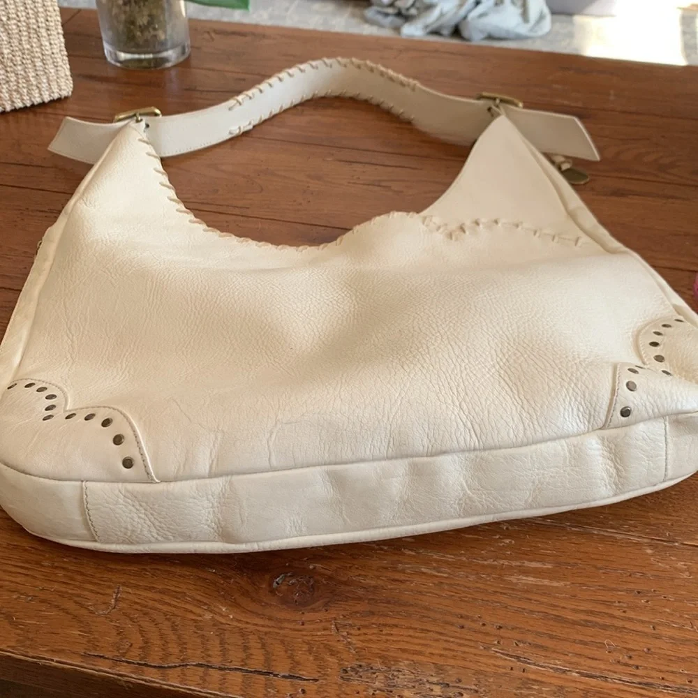 Dooney & Bourke Ivory Leather Whipstitched Large Hobo Shoulder Bag Made in Italy